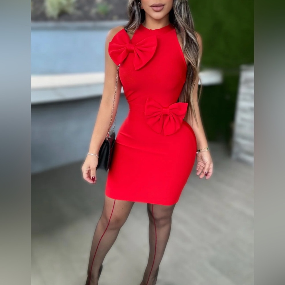 Chic One-Shoulder Red Dress with Bow Accents